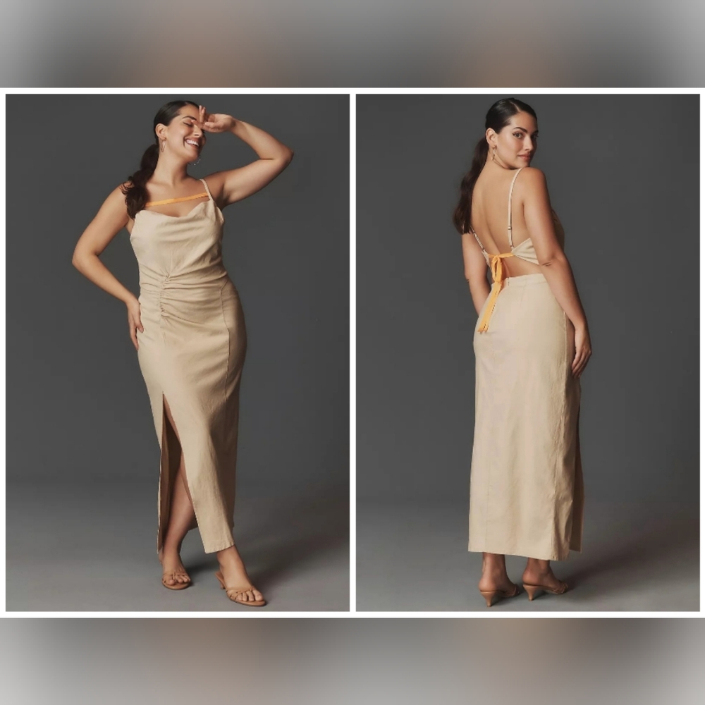 NWT Anthropologie Rushed Front Slim Fit Midi Linen Blend Sleeveless Dress Khaki
